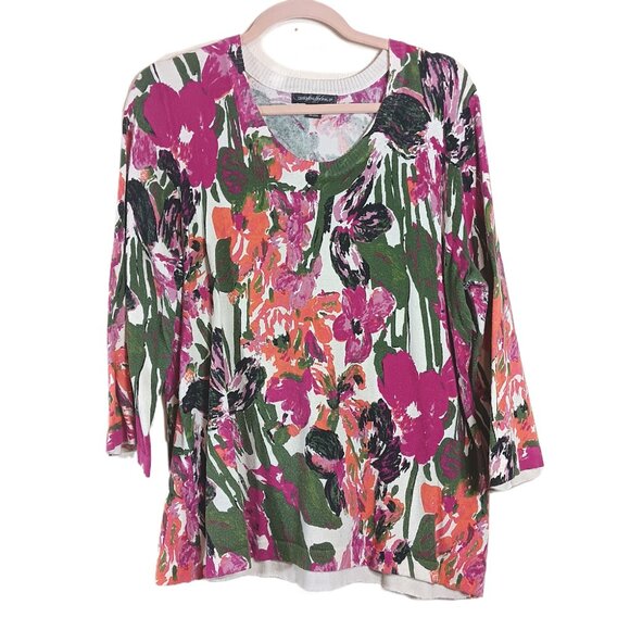 Designers Originals Floral Sweater Top Women’s XL Pink Multi Tropical Lagenlook - Picture 1 of 5